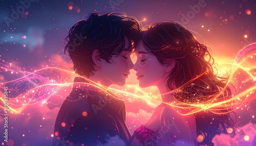 Couple Embracing with Vibrant Energy Surrounding Them.