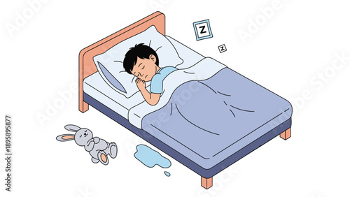 Peaceful scene of a young boy sleeping soundly in his bed with a stuffed rabbit toy on the floor nearby after a long day of playing at home.