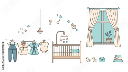 Charming nursery room interior featuring a wooden crib, baby clothes hanging on a line, a window with curtains, and various cute toys.