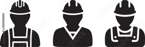 Vector black silhouette icons of construction workers or engineers in hard hats and overalls, isolated on white background