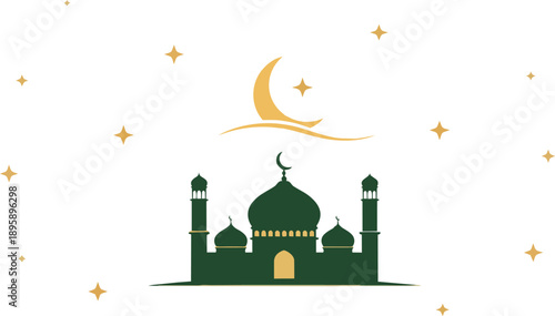 Stylized Mosque Silhouette with Golden Crescent Moon and Twinkling Stars, Evoking Islamic Faith and Festive Celebrations of Ramadan and Eid