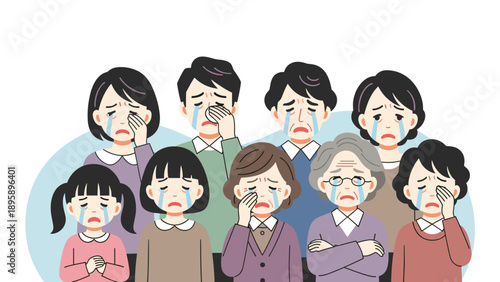 Large emotional group of nine men, women, and children of all ages crying and wiping away tears showing shared sadness, grief, or loss together.