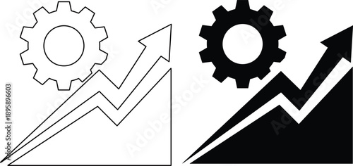 Outline and solid black icons of a gear and an upward trending graph with arrows cogwheel mechanism