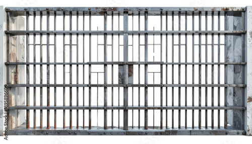 Close-up of a weathered, metal jail cell door. The bars are rusted in some areas, highlighting age and wear against a light background