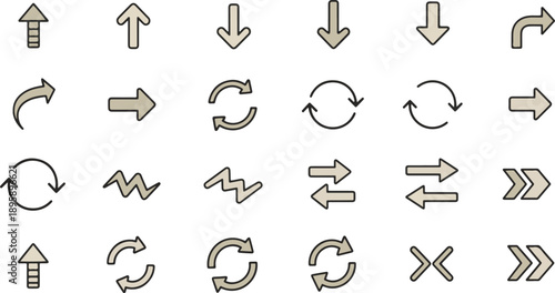 Collection of universal arrow icons with various styles including straight, curved, directional, and refresh symbols.