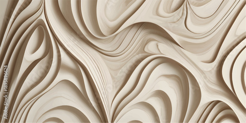 Smooth layered wooden waves with flowing grain, warm light and soft shadows creating a serene, calming natural texture