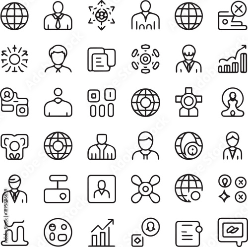 Collection of diverse linear icons representing business technology and global concepts