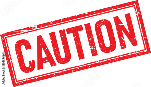 Red Caution Text Rubber Stamp with Distressed Texture Isolated on White