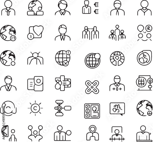 Collection of diverse outline icons representing people communication and global connections