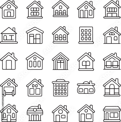 Collection of simple line art house icons in various architectural styles