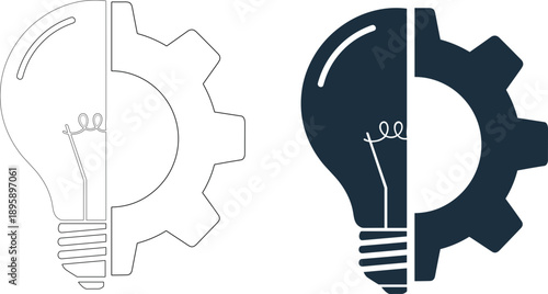 Split icon showing half a lightbulb and half a gear in outline and solid dark blue idea innovation