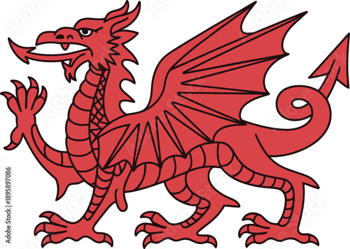 Dragon red heraldic mythical creature on white background