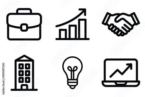 Business icon set of briefcase, bar chart growth, handshake deal, office building, lightbulb idea, laptop with graph