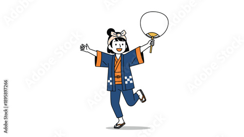 Joyful girl wearing a traditional Japanese happi coat and headband dancing while holding a large paper fan in the air.