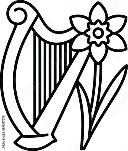 Harp and daffodil flower symbol in black and white line art
