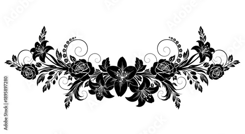 Striking black and white silhouette illustration of a single long stemmed rose flower featuring intricate petal details and sharp thorns perfect for design concepts.