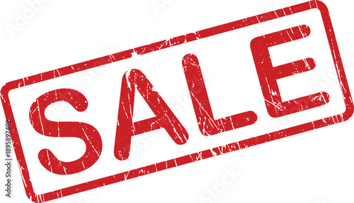 A vibrant red rubber stamp with the word SALE prominently displayed in a bold, distressed font