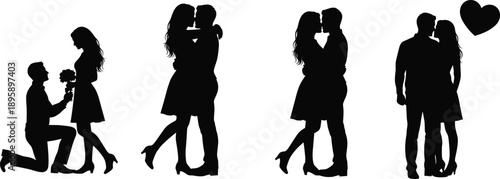 Romantic couple silhouette set with proposal hugging kissing standing love relationship valentines day wedding black vector illustration