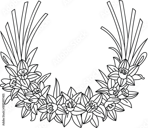 Daffodil wreath for Saint Davids Day line art illustration