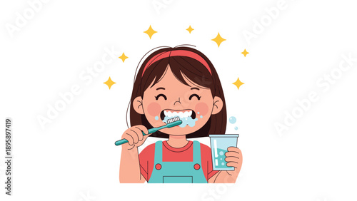 Cute little girl with stars around her head brushing her teeth happily while holding a glass of water in a bathroom.