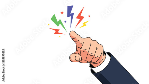 Businessman hand pointing forward with colorful lightning bolt symbols and stars emanating from the fingertip for energy.