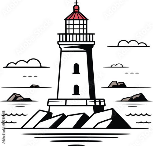 Lighthouse on rocky coast with red roof line art illustration