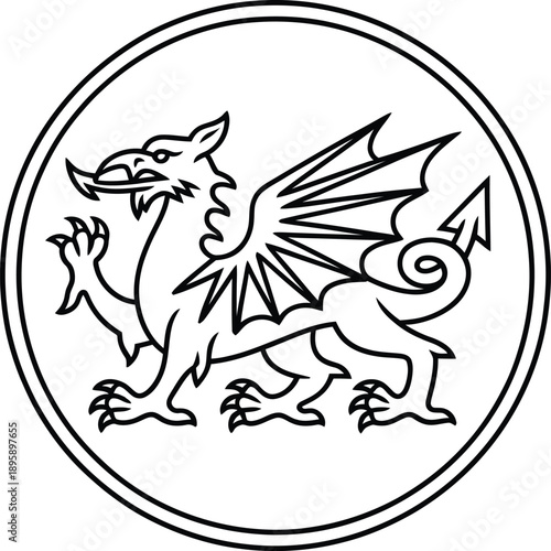 Welsh dragon circular emblem mascot line art illustration
