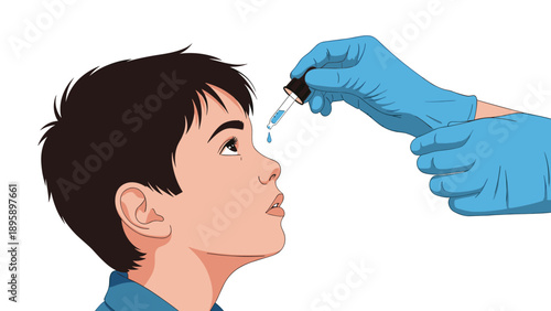 Close-up of a healthcare professional wearing blue gloves and administering eye drops to a young boy who looks upward.