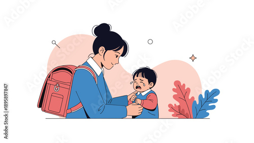 Kind mother or teacher comforting a crying young child in school uniform while carrying a traditional red school bag.