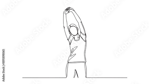 Continuous line drawing of a woman stretching her arms overhead, emphasizing flexibility and well-being