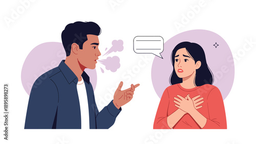 Man speaking with visible breath or bad odor while a woman looks uncomfortable and covers her chest in a social setting.