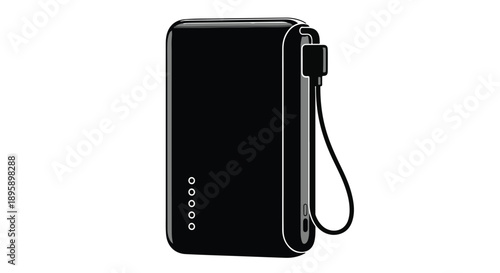 Sleek black portable power bank with charging cable and LED indicator lights on white background