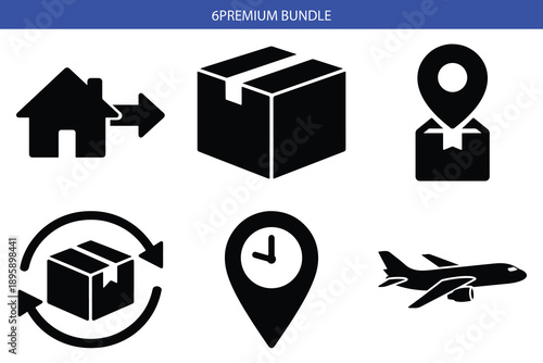 Logistics icon set, 6 premium bundle. Includes delivery, shipping, location, and transportation symbols.