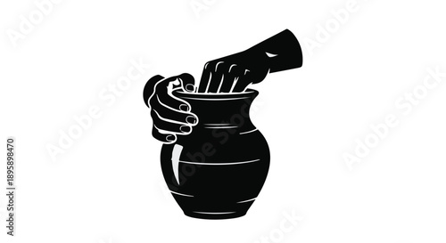 Hand reaching into a dark ceramic jug for hidden treasure or secret item.