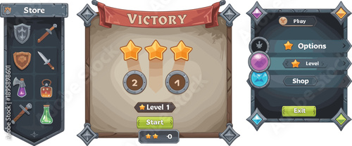Fantasy game victory user interface with level stars, menu buttons, store icons, medieval RPG UI elements illustration set