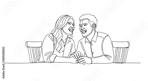 Couple Laughing and Holding Hands at Table in Minimalist Line Art Style