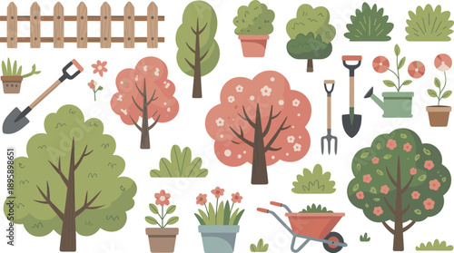 Garden,vector,illustration,set,trees,plants,flowers,tools,pots,wheelbarrow,fence,shovel,rake,watering,can,nature,spring,cartoon,design,collection
