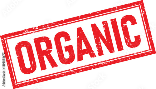 Rectangular Red Rubber Stamp with Organic Text, Distressed Effect on Transparent Background