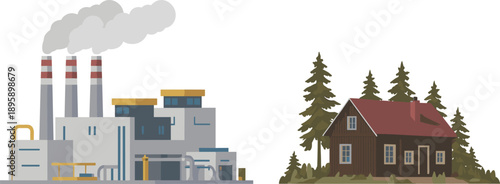 Industrial factory and rural wooden house comparison, pollution versus nature concept, industry and environment illustration isolated on white background