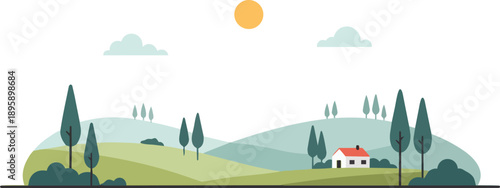 Peaceful rural landscape with a small house, rolling hills, and trees under a sunny sky, evoking tranquility and natural beauty