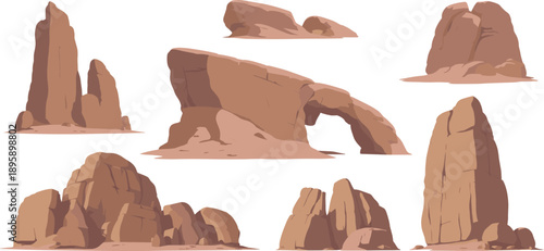 Sandstone rock formation illustration set with desert cliffs, natural arches, boulders, canyon stones, stylized landscape elements isolated