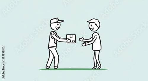 Delivery Person Handing Package to Customer Simple Line Art.