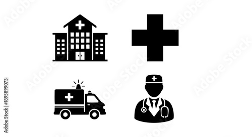 Healthcare and Emergency Services Silhouette Set Featuring Hospital Ambulance Medical Cross and Doctor Icons