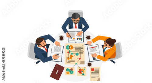 Business meeting teamwork illustration. Top view of professionals analyzing strategy, financial data, and corporate reports on a white background.