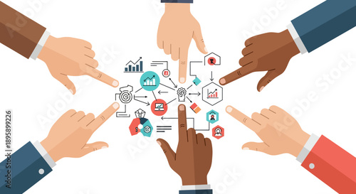 Diverse Hands Pointing to Central Business Network Diagram: Global Teamwork, Strategy, Collaboration, and Unity Concept Vector Illustration