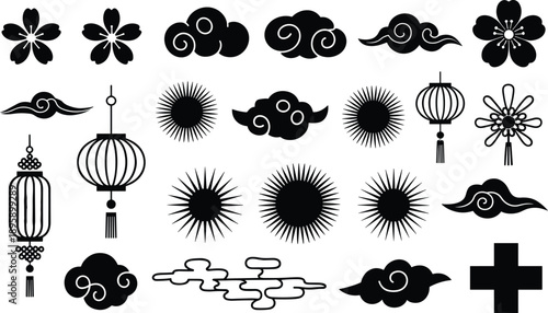 Traditional asian decorative symbols and patterns collection isolated