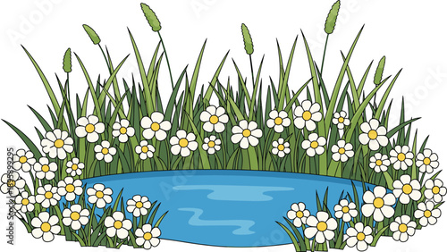 Small pond illustration with blooming white flowers green grass reeds nature scene cartoon style isolated design flat vector spring landscape