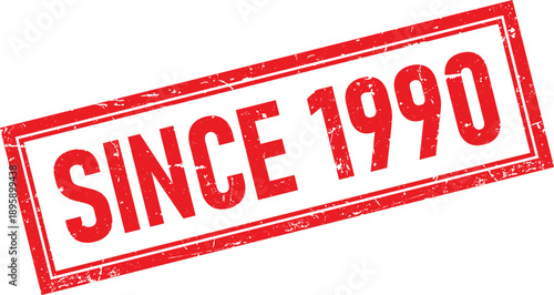 Since 1990 Text Red Distressed Rectangular Rubber Stamp Impression on White Background