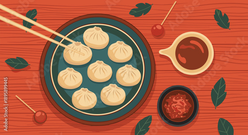 Top-down vector illustration of savory Asian dumplings served on a rustic wooden table with chopsticks and flavorful dipping sauces, perfect for culinary projects