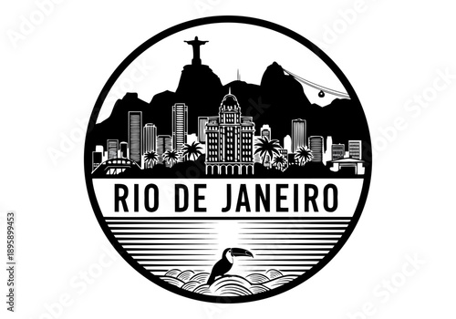 Detailed vector illustration capturing Rio de Janeiro's iconic skyline with Christ the Redeemer, Sugarloaf Mountain, and a toucan, embodying Brazilian travel and culture
